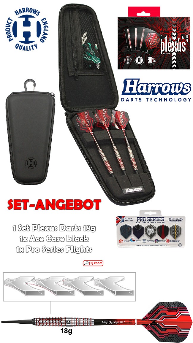 HARROWS SET Plexus 18g Darts + Ace Case + Pro Series Flights
