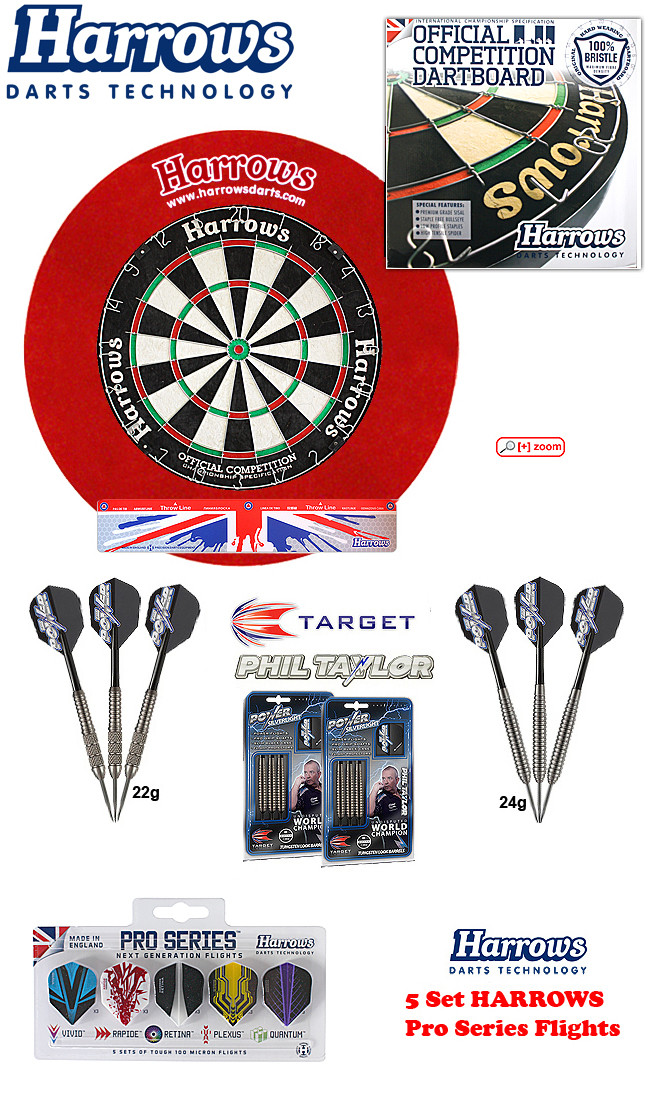 SET HARROWS Ocbb + H. Surround red + 2 Set Phil Taylor Darts + Abwurflinie + 5er Set Flights