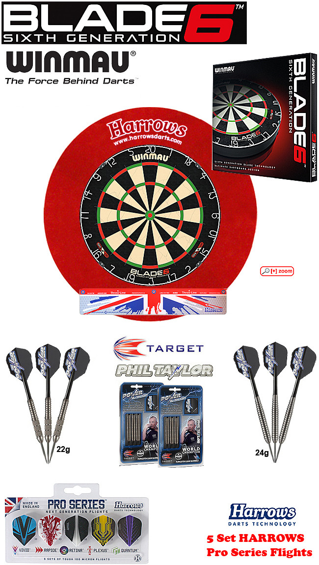 SET Blade 6 + H. Surround red + 2 Set Phil Taylor Darts + Abwurflinie + 5er Set Flights