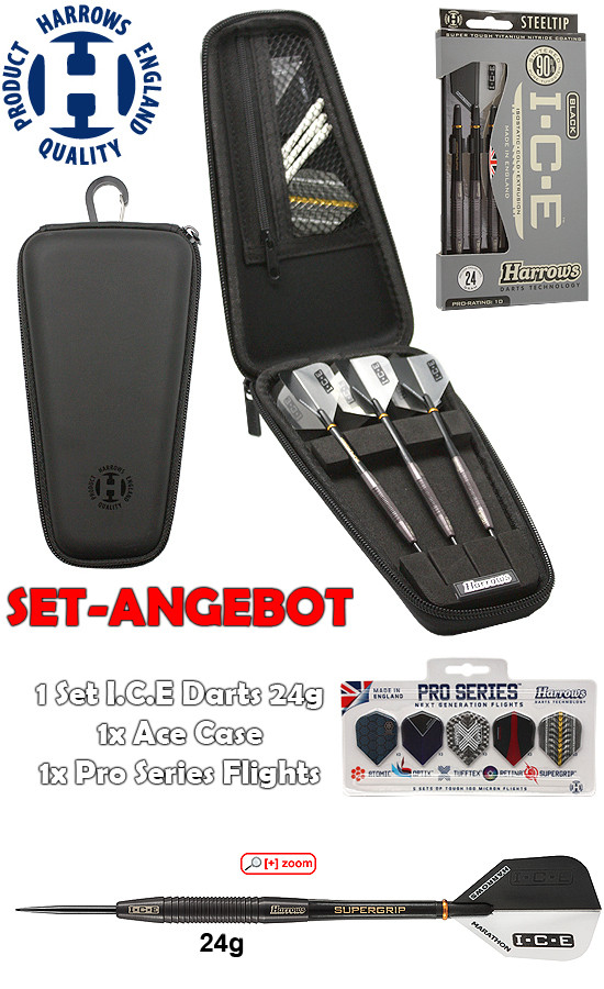 HARROWS SET - I.C.E Black 24g Dart + Ace Case + Pro Series Flights