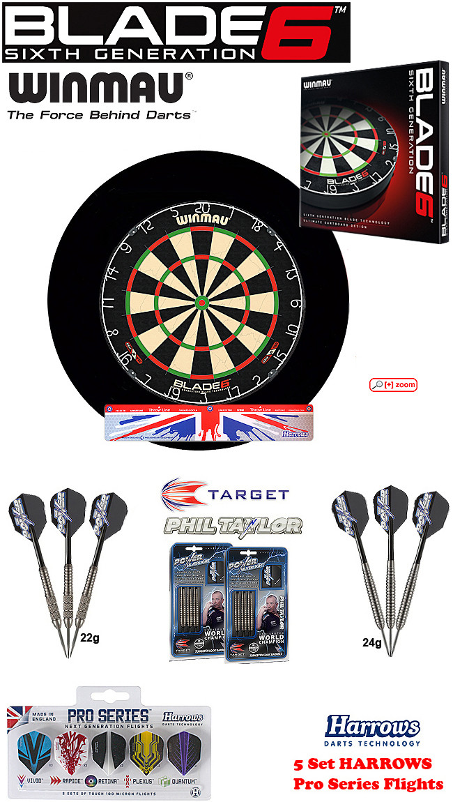Blade 6 + Surround black + 2 Set Phil Taylor Darts + Abwurflinie + 5er Set Flights