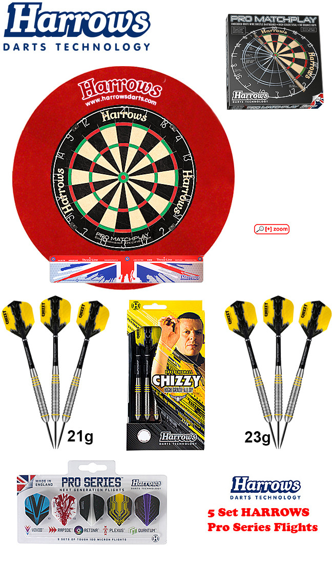 SET HARROWS Matchplay + H. Surround red + 2 Set Chizzy Darts + Abwurflinie + 5er Set Flights