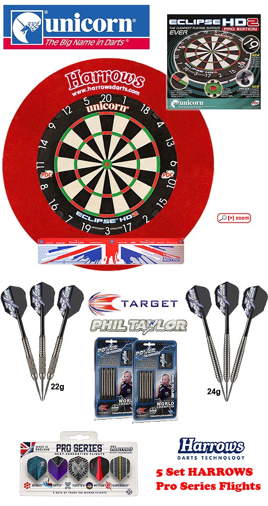 SET Eclipse HD2 Pro + H. Surround red + 2 Set Phil Taylor Darts + Abwurflinie + 5er Set Flights