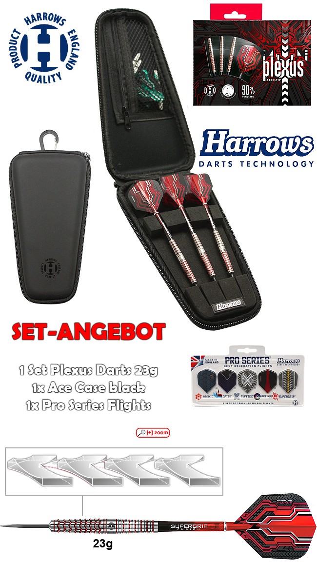 HARROWS SET Plexus 23g Darts + Ace Case + Pro Series Flights