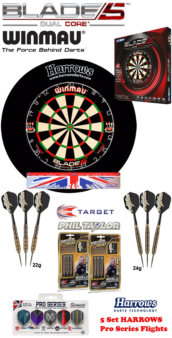 SET Blade 5 Dual Core + H. Surround black + 2 Set Phil Taylor Darts + Abwurflinie + 5er Set Flights