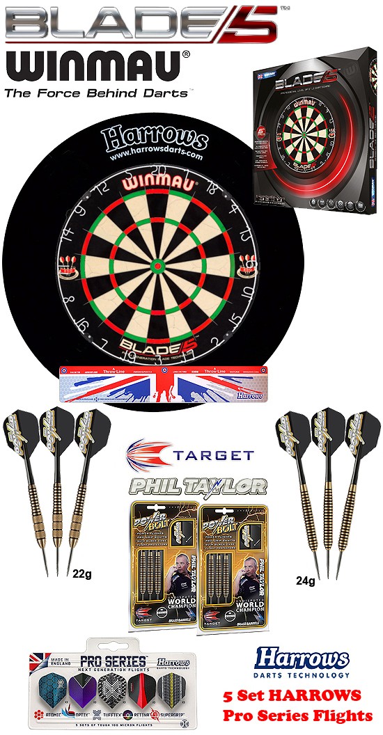 SET Blade 5 + H. Surround black + 2 Set Phil Taylor Darts + Abwurflinie + 5er Set Flights