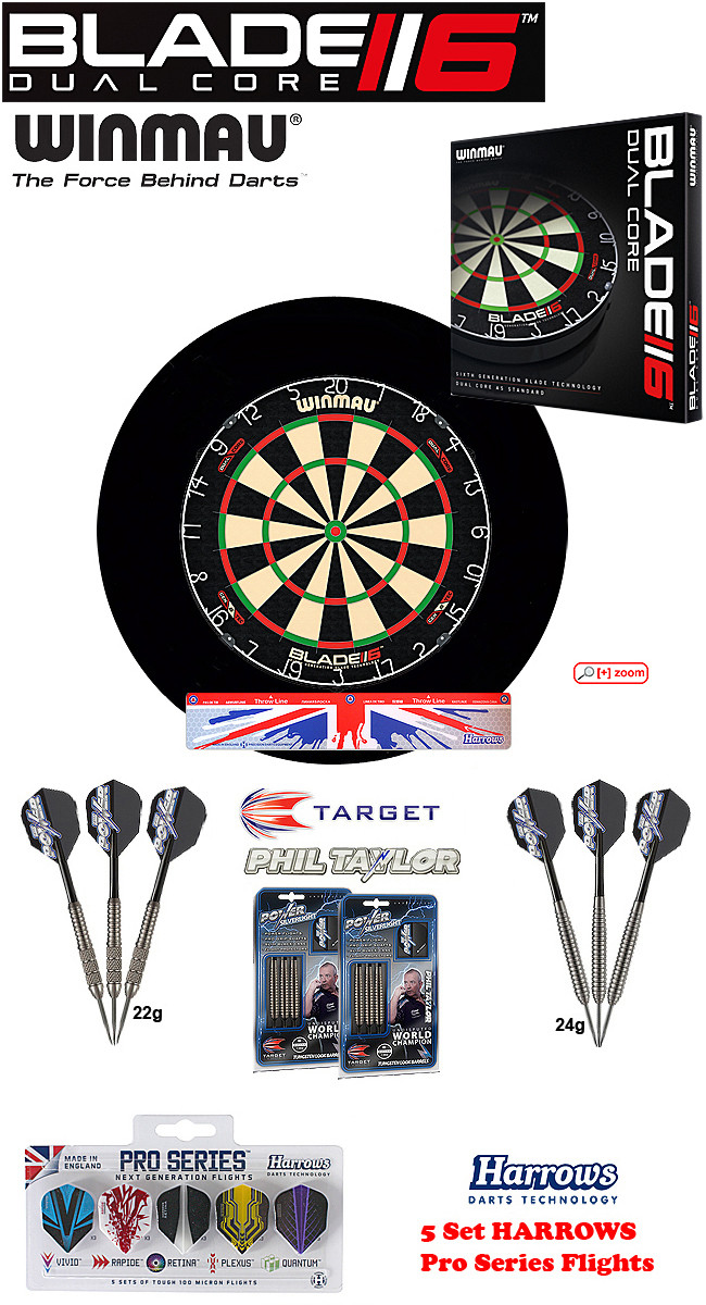 Blade 6 Dual Core + Surround black + 2 Set Phil Taylor Darts + Abwurflinie + 5er Set Flights